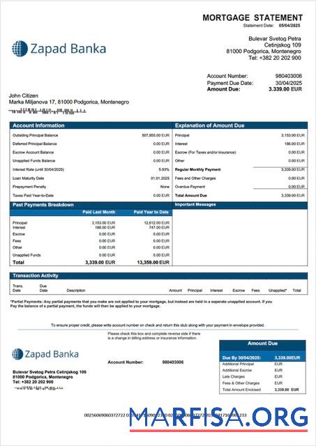 Blank Montenegro Zapad banka AD mortgage statement Word and PDF template